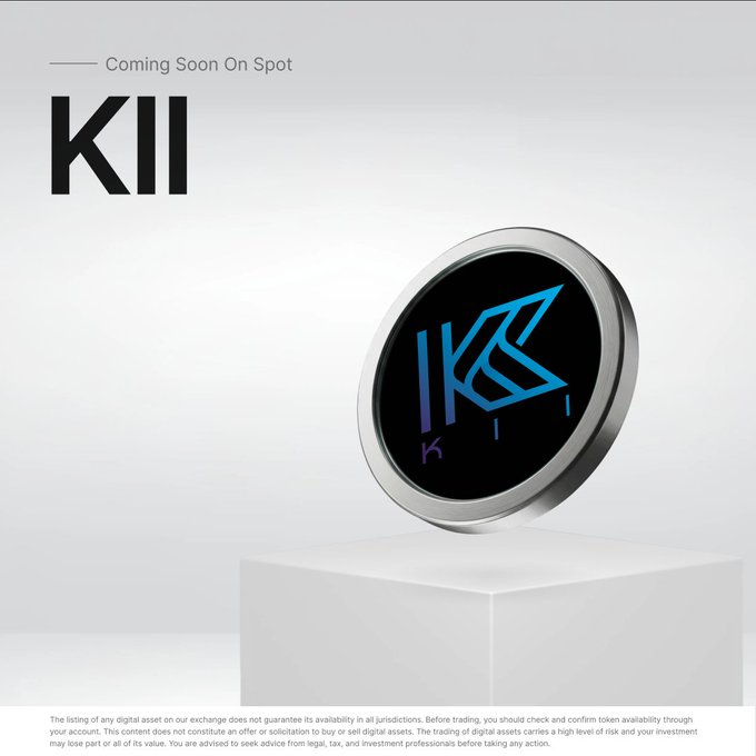 A promotional graphic announcing "Coming Soon On Spot" for the KII token, featuring a 3D metallic coin with the KII logo displayed on a white pedestal, which aligns with the post celebrating KII's listing on Bybit spot market.