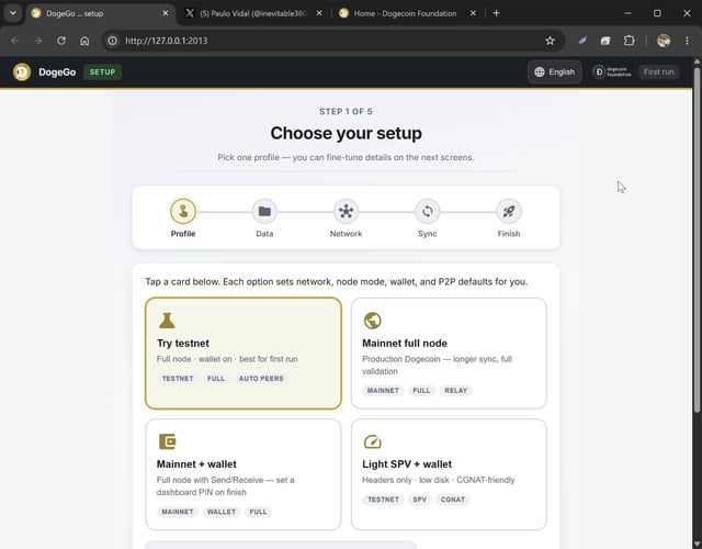 A DogeCoin Foundation setup webpage at http://127.0.0.1:2013 showing 'Choose your setup' options including 'Try testnet', 'Mainnet full node', 'Mainnet + wallet', and 'Light SPV + wallet'.
