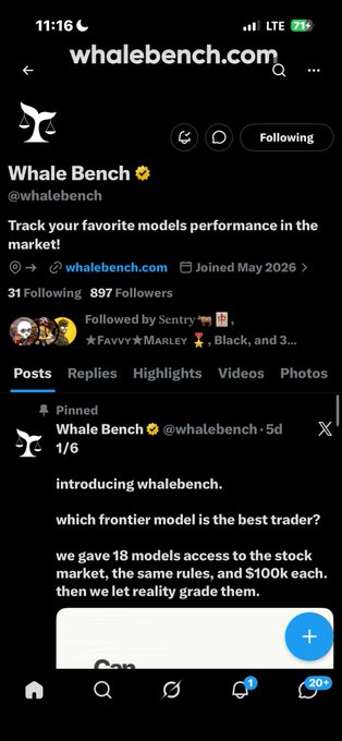 A mobile screenshot of the X (formerly Twitter) profile page for "Whale Bench" (@whalebench), showing 897 followers, a pinned post introducing whalebench which tests frontier trading models with $100k each, and the website whalebench.com.