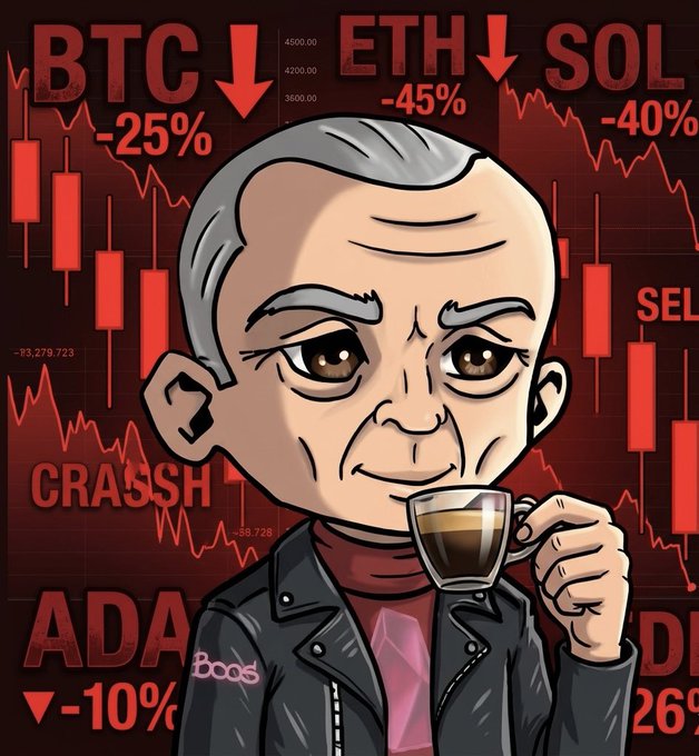 A cartoon of an older man drinking a cup of coffee while holding a laptop against a red background with various text, including "GM, frens! Market’s bleeding" and "ETH around $1,760 but don't panic. We've been here before. Zoom out, stay calm, and keep building".
