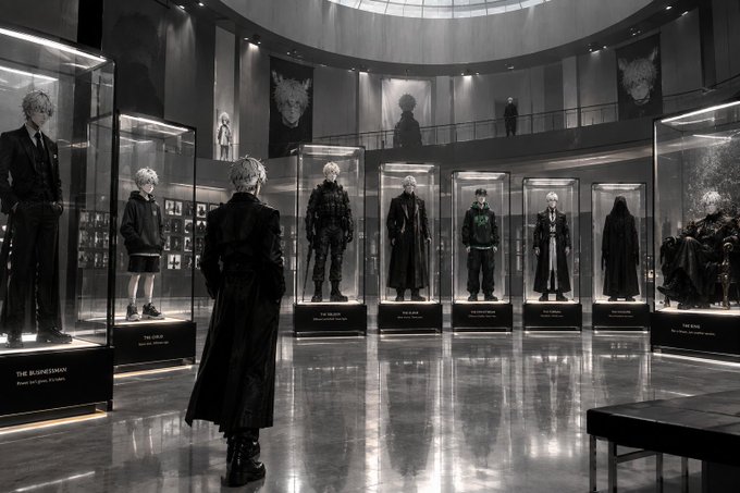 A black-and-white scene shows a character standing in a circular hall displaying various versions of the same blond-haired figure in illuminated glass cases.
