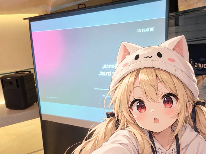 An anime-style illustration of a blonde girl wearing a cat-eared hood, positioned in front of a screen displaying mirrored text including 'Alan' and 'Turing'.