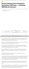 A BBC News article titled 'Iranian Hacking Crew Charged in Spreading Theft Coer — Including $600 Bitcoin Ransom' with visible navigation tabs.