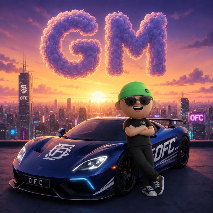 A stylized digital illustration featuring a cartoon character with a green cap and sunglasses leaning against a dark sports car with 'OFC' branding, with cloud-formed 'GM' letters in the sunset sky over a city skyline.
