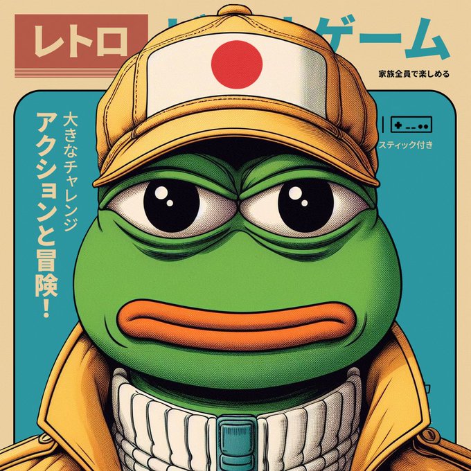 A retro Japanese-style pop art illustration of Pepe the Frog wearing a yellow cap with the Japanese flag, with Japanese text reading 'レトロゲーム' (Retro Game).