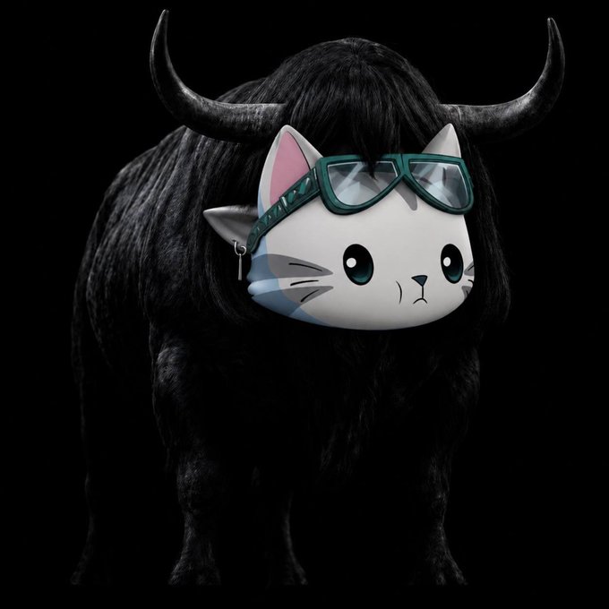 A surreal composite image of a black bull with a cute white cartoon cat face wearing green goggles, set against a black background.