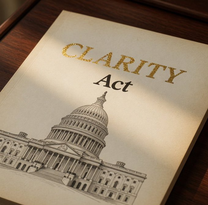 The image shows a document titled "CLARITY Act" in gold lettering, featuring an illustration of the U.S. Capitol building, resting on a wooden surface. The document visually represents the upcoming Clarity Act vote on September 15 referenced in the post, providing a thematic backdrop to the market commentary about altcoins retesting consolidation breakouts ahead of this key regulatory decision.