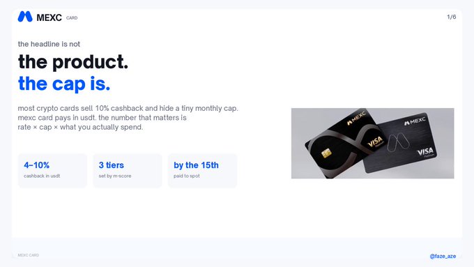 A promotional slide for the "MEXC CARD," stating "the product is not the headline. the cap is," and highlighting "4-10% cashback in usdt," "3 tiers set by m-score," and "by the 15th paid to spot."