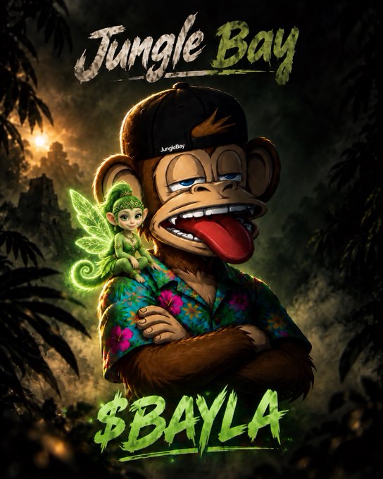 A digital poster titled 'Jungle Bay' and '$BAYLA' featuring a Bored Ape-style monkey character wearing a cap and floral shirt, with a glowing green fairy sitting on its shoulder.
