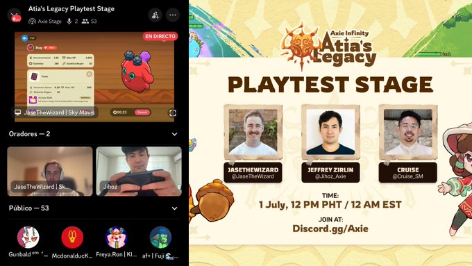 A promotional graphic for Axie Infinity's 'Atia's Legacy Playtest Stage' event scheduled for July 1, 12 PM PHT / 12 AM EST on Discord (discord.gg/Axie), featuring three team members: JasetheWizard (@JaseTheWizard), Jeffrey Zirlin (@Jihoz_Axie), and Cruise (@Cruise_SM), alongside a Discord livestream screenshot.
