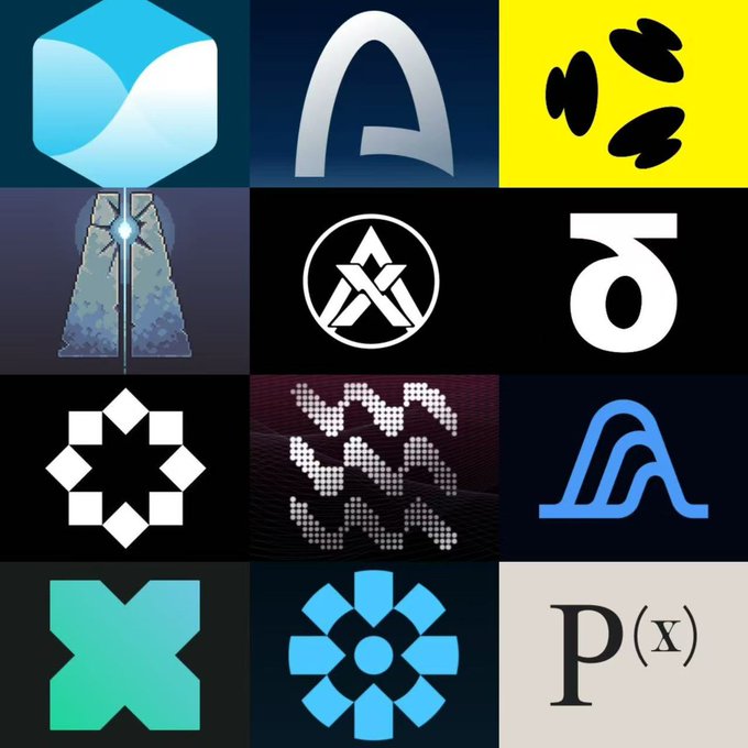 A 4x3 grid displaying various company logos, including what appears to be ARC, a stylized "P" with "(x)" notation, and other brand symbols in blue, yellow, black, and white color schemes. The image accompanies a post listing point values for different platforms like Variational, StandX, ARC, Decibel, Startale, Doma Protocol, Surf, prismax, and xstocks toward a second half salary goal.