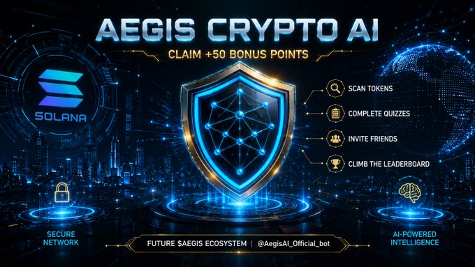 The image features a poster for Solana, a cryptocurrency trading platform. The poster includes a shield with blue lines and a gold emblem, which represents the security measures implemented by Solana. It also displays various icons related to crypto trading, such as tokens, coins, and a leaderboard. The text on the poster encourages users to claim their tokens and earn bonus points for participating in the platform's trading activities.
