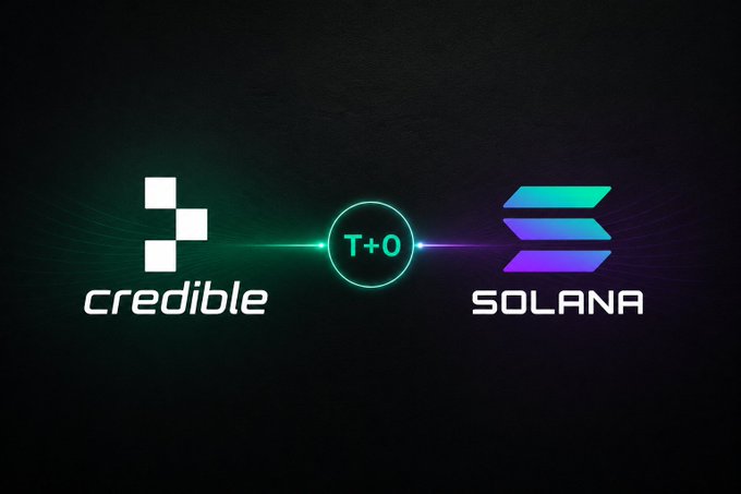A dark promotional graphic features the Credible Finance logo on the left and the Solana logo on the right, connected by a glowing line through a circular "T+0" marker in the center, visually representing the post's message about Credible Finance building instant settlement (T+0) payment infrastructure powered by stablecoin liquidity on Solana.