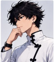 An anime-style illustration of a young man with messy black hair, wearing a white traditional Chinese-style shirt with black frog closures.