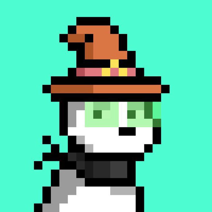 Pixel art illustration of a character with green hair, black and white clothing, and a large orange hat against a teal background.