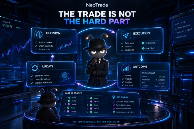 A promotional infographic for NeoTrade with the headline 'THE TRADE IS NOT THE HARD PART', featuring an ant mascot in a fedora surrounded by four stages—Decision, Execution, Outcome, and Update—along with sections on Last 10 Trades and Key Insights.