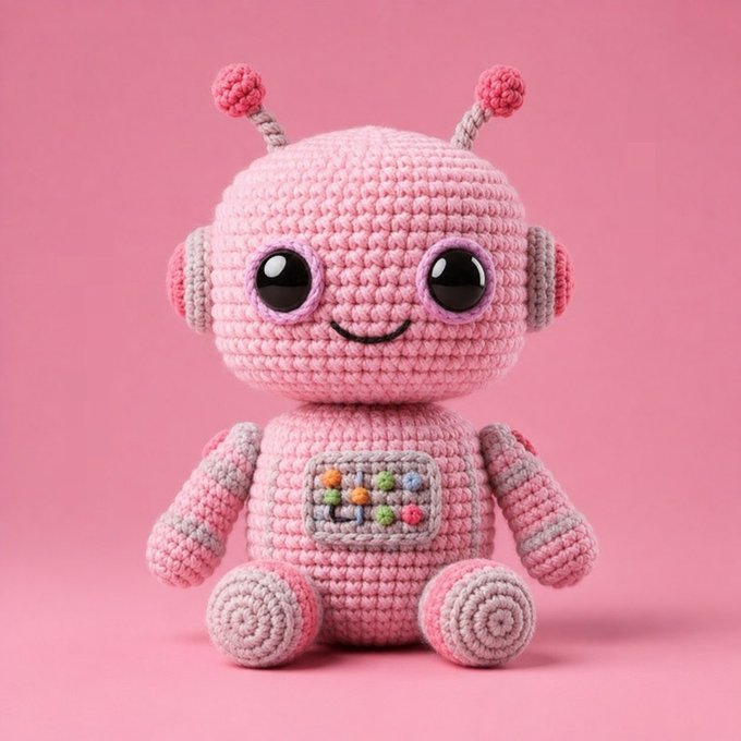 A pink crocheted amigurumi robot doll with large black eyes, antennae, and a colorful pixelated screen on its chest, photographed against a matching pink background.