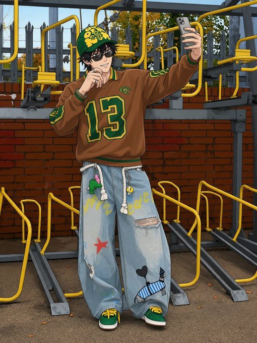 Anime-style illustration of a young man taking a selfie, wearing a green and yellow cap, brown #13 jersey, and ripped baggy jeans with various patches and designs, standing in front of yellow playground equipment.