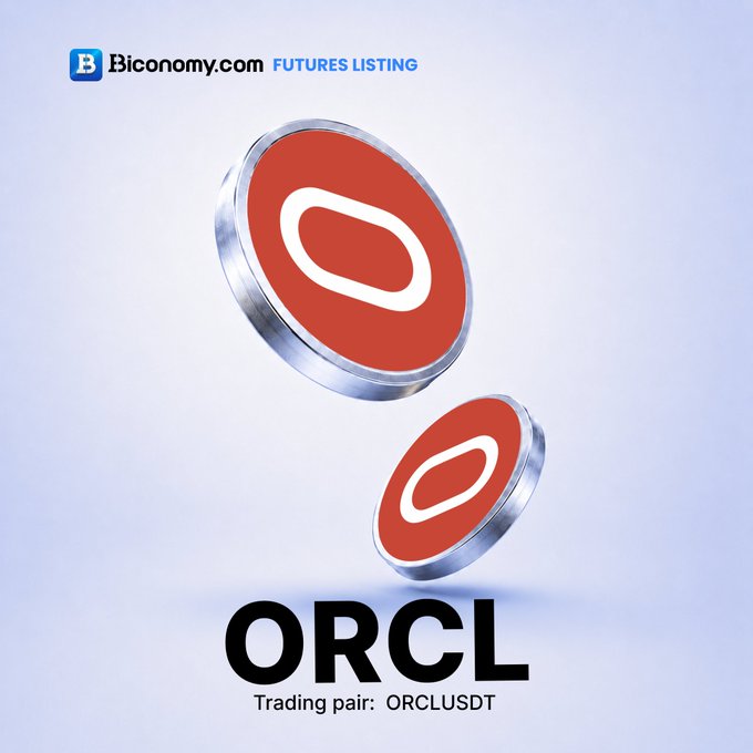 A 'Biconomy.com FUTURES LISTING' announcement for 'ORCL' with the trading pair ORCLUSDT, showing two red coin tokens with white 'O' symbols.