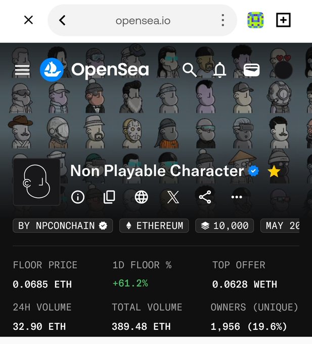 The image shows a screenshot of a webpage displaying an openSeaIO site, which has the text "OPENSEA.IO Nonplayable Character Nonplayable Character Nonplayable Character". The webpage features a chart with various cryptocurrency prices labeled from $0.69 to $1.99, but the post's main focus is on the character collection featured in this page.