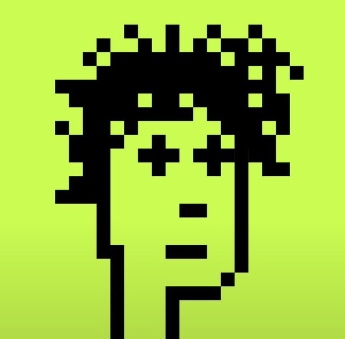 Pixel art portrait of a person with curly hair on a bright lime green background.