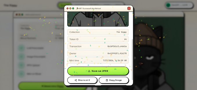 A screenshot of an NFT transaction details popup for 'The Sippy' (Token ID #4) on a website, showing mint time 7/27/2026, 16:19 AM, with options to save, share on X, or copy image.