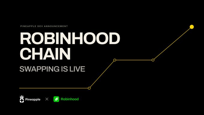 A dark announcement graphic with the text 'PINEAPPLE DEV ANNOUNCEMENT', 'ROBINHOOD CHAIN', and 'SWAPPING IS LIVE', featuring a yellow line chart and logos for Pineapple and Robinhood.