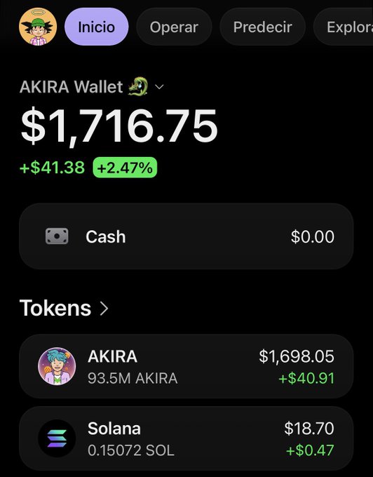 A cryptocurrency wallet screenshot showing an "AKIRA Wallet" with a balance of $1,716.75, up +$41.38 (+2.47%), holding 93.5M AKIRA ($1,698.05) and 0.15072 SOL ($18.70).