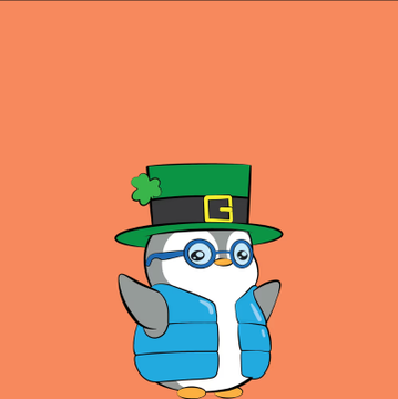 The image features a cute penguin wearing a top hat with a green shamrock, glasses, and a blue vest. It appears to be standing against an orange background with the text "I bought my LilPudgys for 0.93ETH". The accompanying post suggests that this unique penguin is worth more than $7,000 and can potentially become part of someone's family.