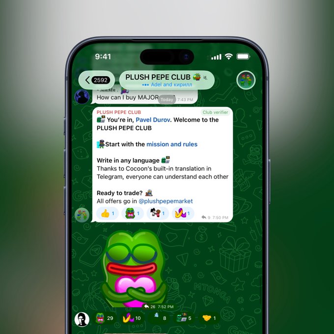 The image shows a Telegram chat from the "PLUSH PEPE CLUB" (2592 members) where user "Pevel Durov" was welcomed in, with a post asking "How can I buy MAJOR." The screenshot humorously suggests the poster shares a group with Pavel Durov, Telegram's founder, via this Pepe-themed crypto club.