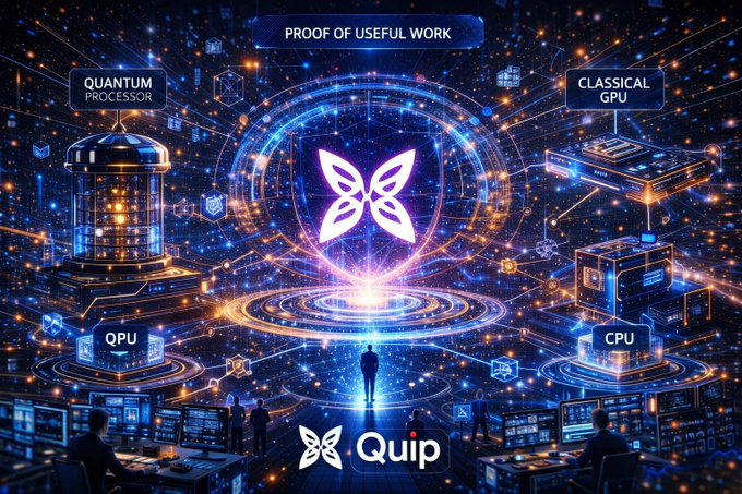 The image features a man standing next to a computer screen, with a butterfly logo in the center surrounded by blue lights. The background includes various computer screens and other technology-related elements. The text "Quip" appears multiple times throughout the image, suggesting that this is an advertisement or promotional material for Quip's network of technology professionals.