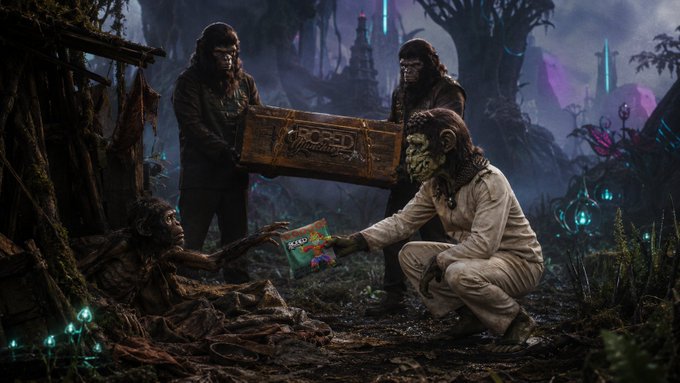 A dark fantasy scene depicting apes in a mystical forest, with two carrying a crate labeled 'Pringles' while another examines a tube of Pringles chips, illuminated by glowing blue flora.