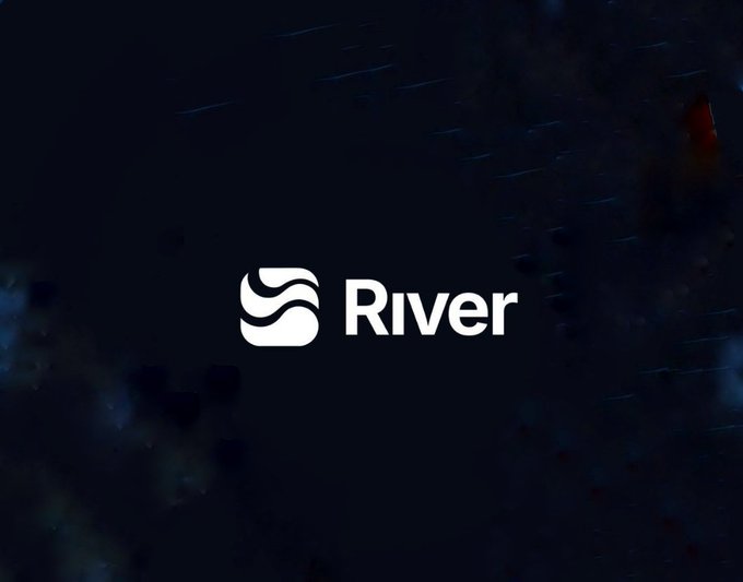 A white logo featuring stylized waves next to the word 'River' displayed on a dark, textured background.