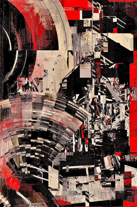 An abstract digital artwork featuring geometric shapes, fragmented patterns, and a bold color palette of red, black, white, and beige with textured brushstroke effects.