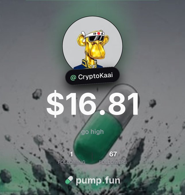 A profile card for @CryptoKaai shows a gold Bored Ape-style avatar, a price of $16.81, the caption 'go high', and stats of 1 following and 67 followers, with a green and white pill capsule and the pump.fun logo.