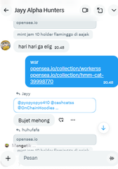 The image shows a Telegram group chat called "Jayy Alpha Hunters," where a user "war" shared a link to a Creator of Collections post with the handle @onepiece.lol/collection/workera and ID #3999870, along with a message from "Jayy" referencing "freealpha #BdDChamboodles" and a Biru mahong post with the link "lufh/ufls."