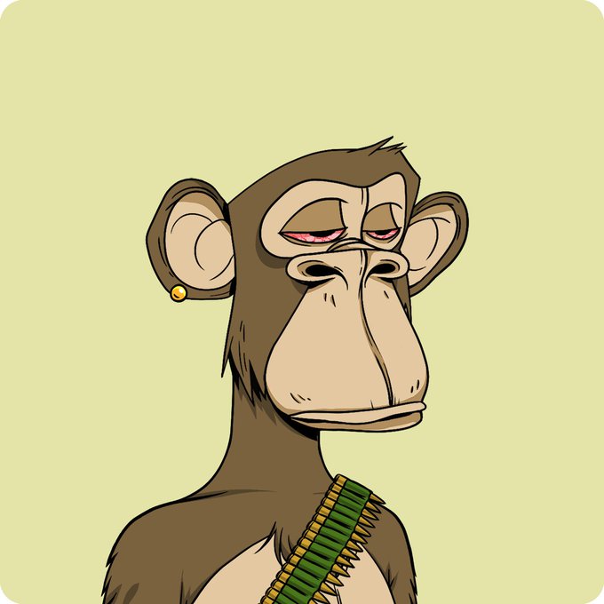 The image features a cartoon monkey with a green strap around its neck, giving it an impression of being armed or ready for battle. The monkey appears to be looking off into the distance, possibly daydreaming or lost in thought. The background is a light yellow color that contrasts with the monkey's brown fur and green strap. There are no other objects or text present in the image, making it a simple yet intriguing scene.