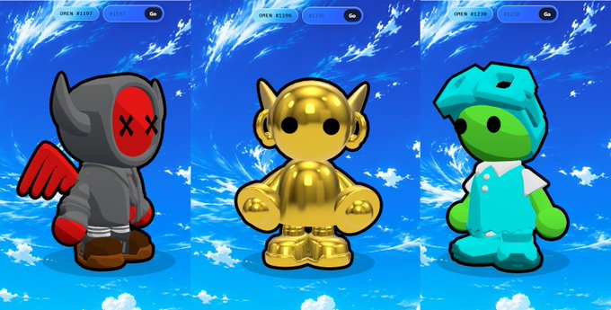 Three cartoon-style NFT characters displayed against a blue sky background: a gray hooded figure with X eyes and red wings, a golden robot-like figure, and a green character in a blue dinosaur costume.
