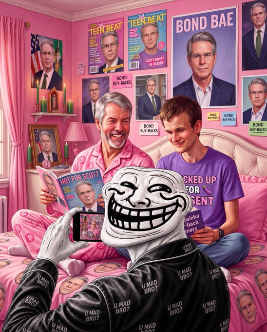 A satirical illustration in a pink bedroom features two men on a "BOND BUY-BACKS" bed surrounded by "TEEN BEAT" and "BOND BAE" posters of Scott Bessent, while a foreground figure in a troll mask and "U MAD BRO?" robe takes a selfie.