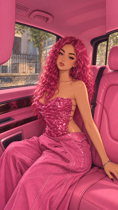 A woman with long curly pink hair poses in the back of a pink car, wearing a matching pink corset top and flowing skirt, while the text "PIERRE" is visible on the building outside the window—embodying the "gm frens" vibe with a bold, monochromatic pink aesthetic.