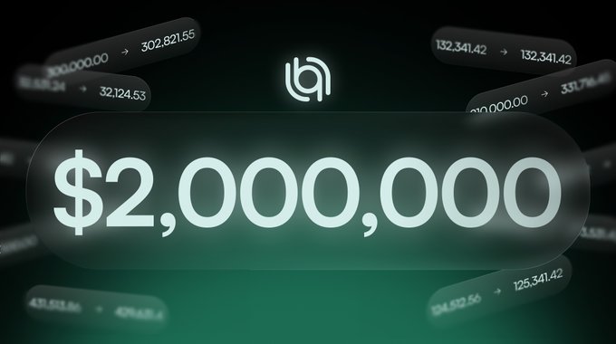 A promotional graphic displaying a large glowing text of '$2,000,000' with a 'b' logo above it, surrounded by smaller floating numbers like '302,821.55' and '132,341.42'.