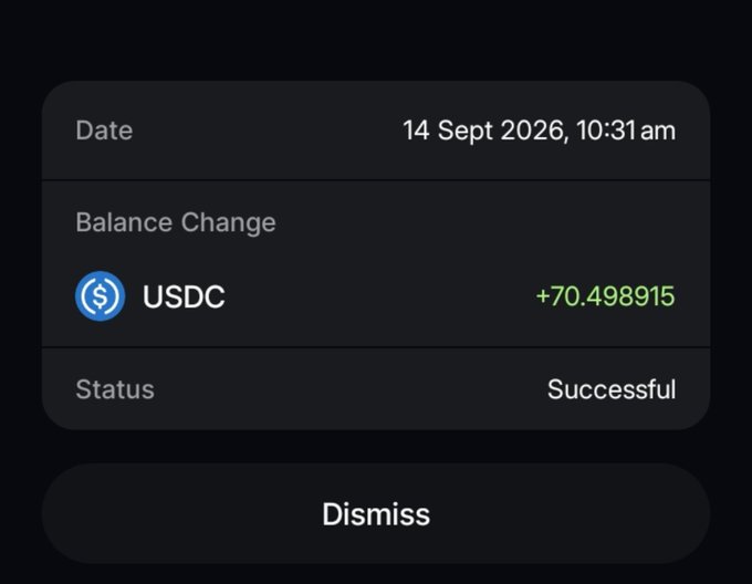 A mobile banking or crypto transaction confirmation screen showing a successful USDC balance change of +70.498915 dated 14 Sept 2026, 10:31 am.