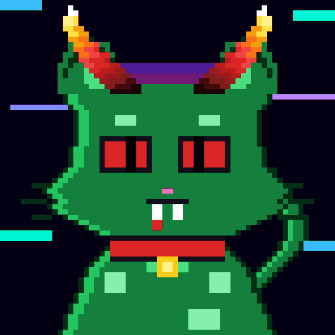 A pixel art illustration of a green cat-like creature with flame-tipped ears, red eyes, and a red collar featuring a yellow bell.
