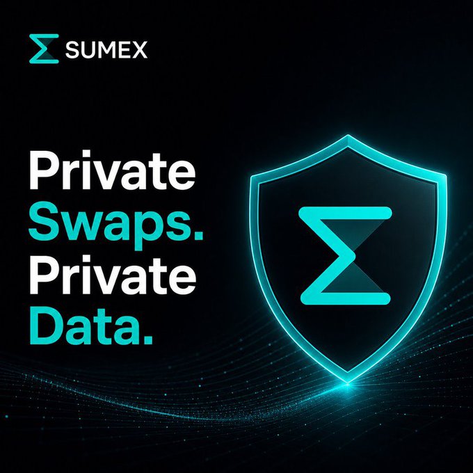 A promotional graphic for SUMEX featuring the tagline 'Private Swaps. Private Data.' alongside a glowing teal shield with the Sumex logo on a dark background.