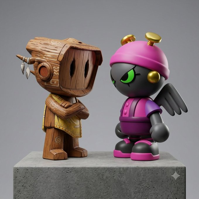 Two collectible vinyl figures stand side by side on a gray stone pedestal: a wooden-textured character with a golden sash and staff-like horns, and a sleek black figure with pink and gold accents, wings, and a beanie. The image visually represents the adult's difficult choice between two distinct toy collectible designs referenced in the post, highlighting the contrast between a rustic, carved style and a modern, colorful aesthetic.