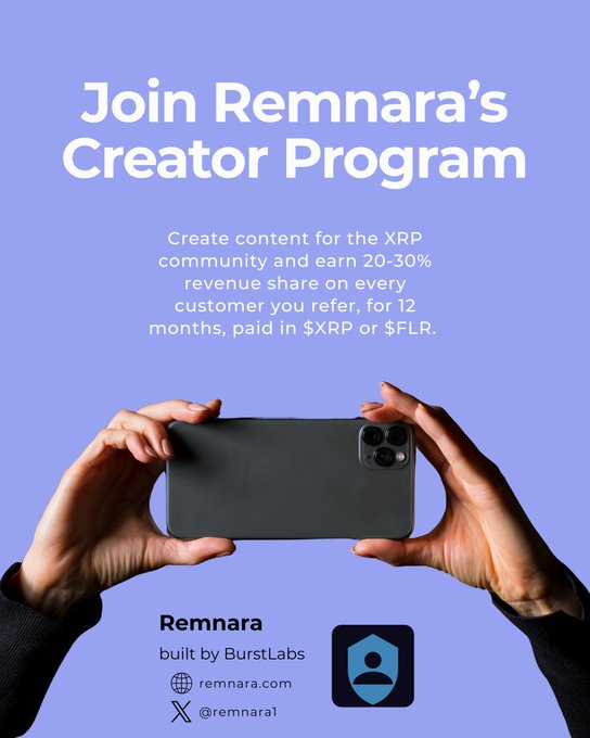 An advertisement for Remnara's Creator Program offers 20-30% revenue share for creating content for the XRP community, paid in $XRP or $FLR, built by BurstLabs.