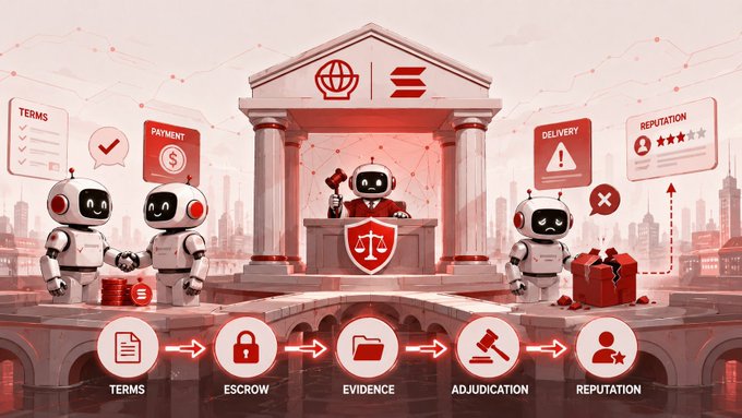 The image depicts a stylized "Court of the Internet" scene with robot agents engaging in commerce—shaking hands over terms and payment, a judge-robot presiding at a central courthouse, and a heartbroken robot facing a broken delivery—illustrating the post's point that most agent infrastructure handles only the happy path, while the "Court of the Internet" fills the gap by adjudicating disputes through a flow labeled TERMS → ESCROW → EVIDENCE → ADJUDICATION → REPUTATION.