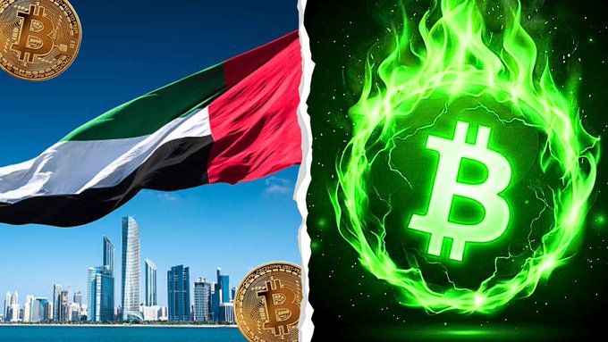A split image shows the UAE flag and Abu Dhabi skyline alongside a glowing green Bitcoin symbol, with two gold Bitcoin coins visible, illustrating the post's claim that Abu Dhabi's sovereign wealth funds have accumulated over $1 billion in Bitcoin.