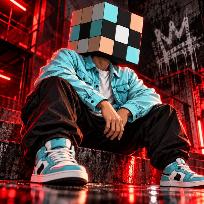 An artistic image of a person sitting on stairs with a Rubik's cube for a head, wearing a teal jacket and black pants with matching teal sneakers, set against a red-lit urban backdrop.