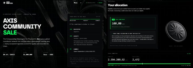 A dashboard screenshot of an Axis Community Sale showing pool information, user contribution metrics, and allocation details for a token offering.
